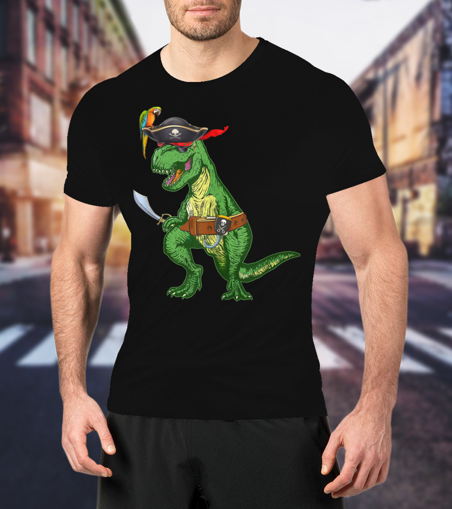 Boys Kids Dinosaur T-Rex Pirate With Parrot And Sword T-Shirt