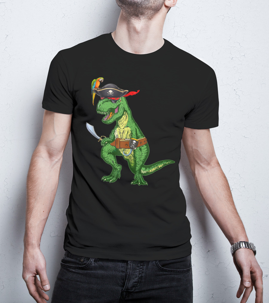 Boys Kids Dinosaur T-Rex Pirate With Parrot And Sword T-Shirt