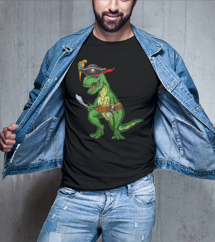 Boys Kids Dinosaur T-Rex Pirate With Parrot And Sword T-Shirt
