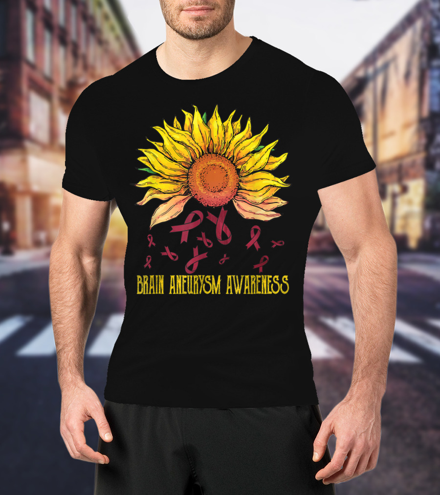 Brain Aneurysm Awareness Sunflower With Yellow Sunflower And Red Ribbons T-Shirt