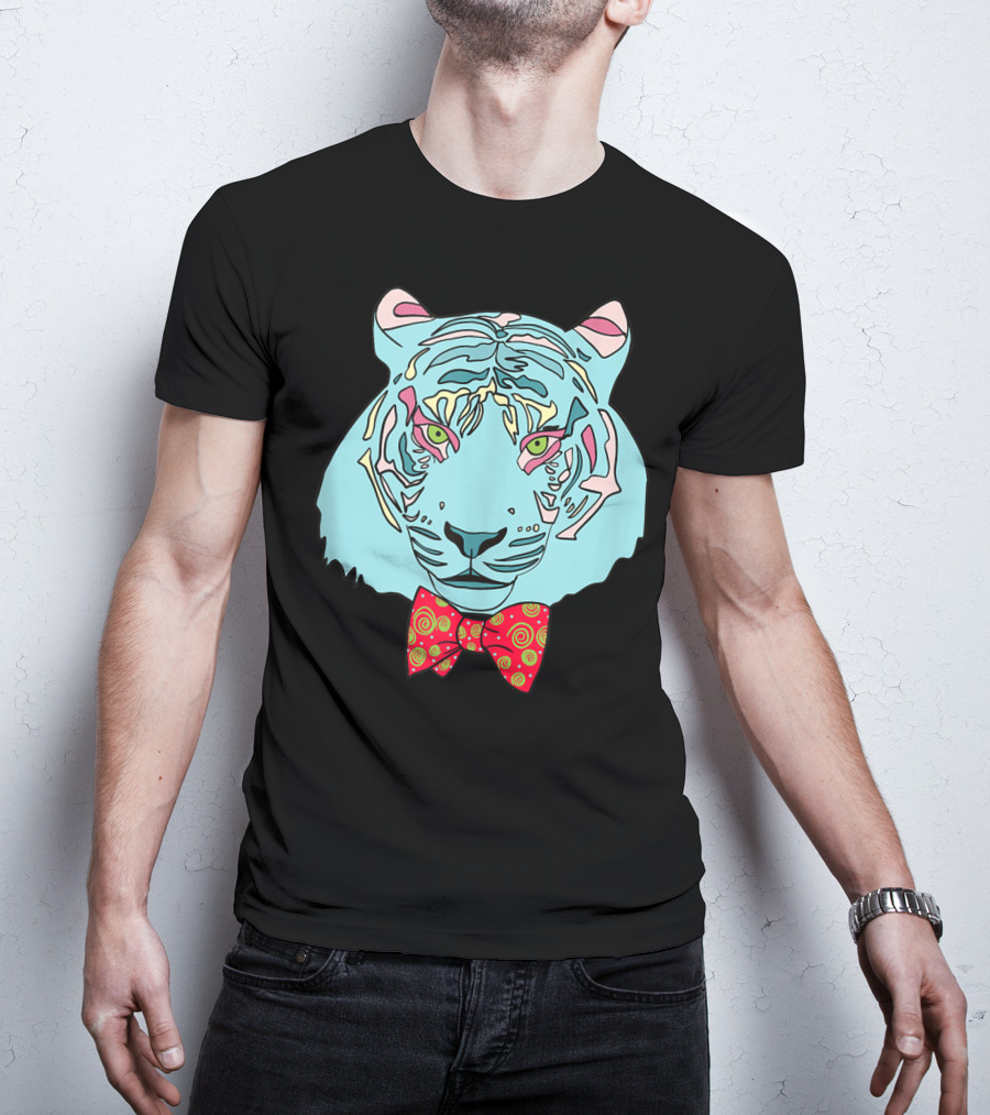 Colorful Tiger Head With Spiraled Bow Tie T-Shirt