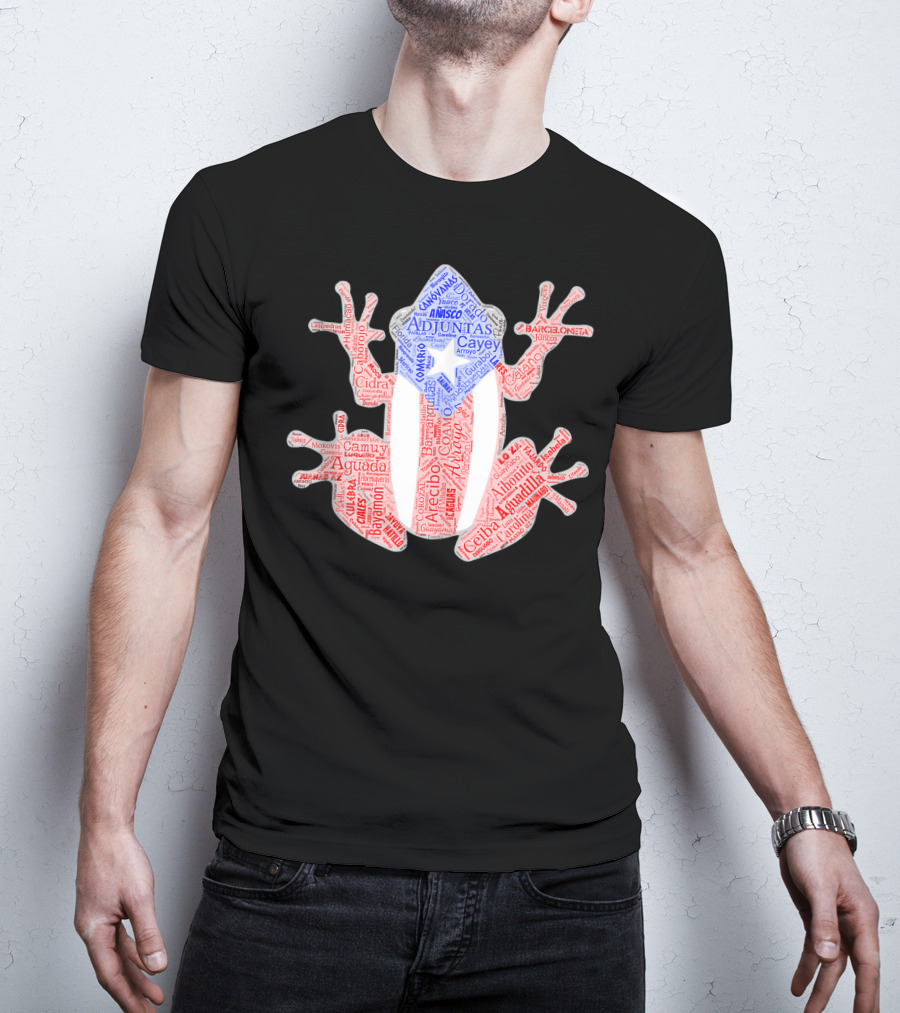 Coqui Taino Puerto Rico Cities Boricua Flag Adjuntas Aguadilla Arecibo Barceloneta Caguas Cayey Ceiba Cidra Coamo Guayama Manati Morovis Yauco T-Shirt