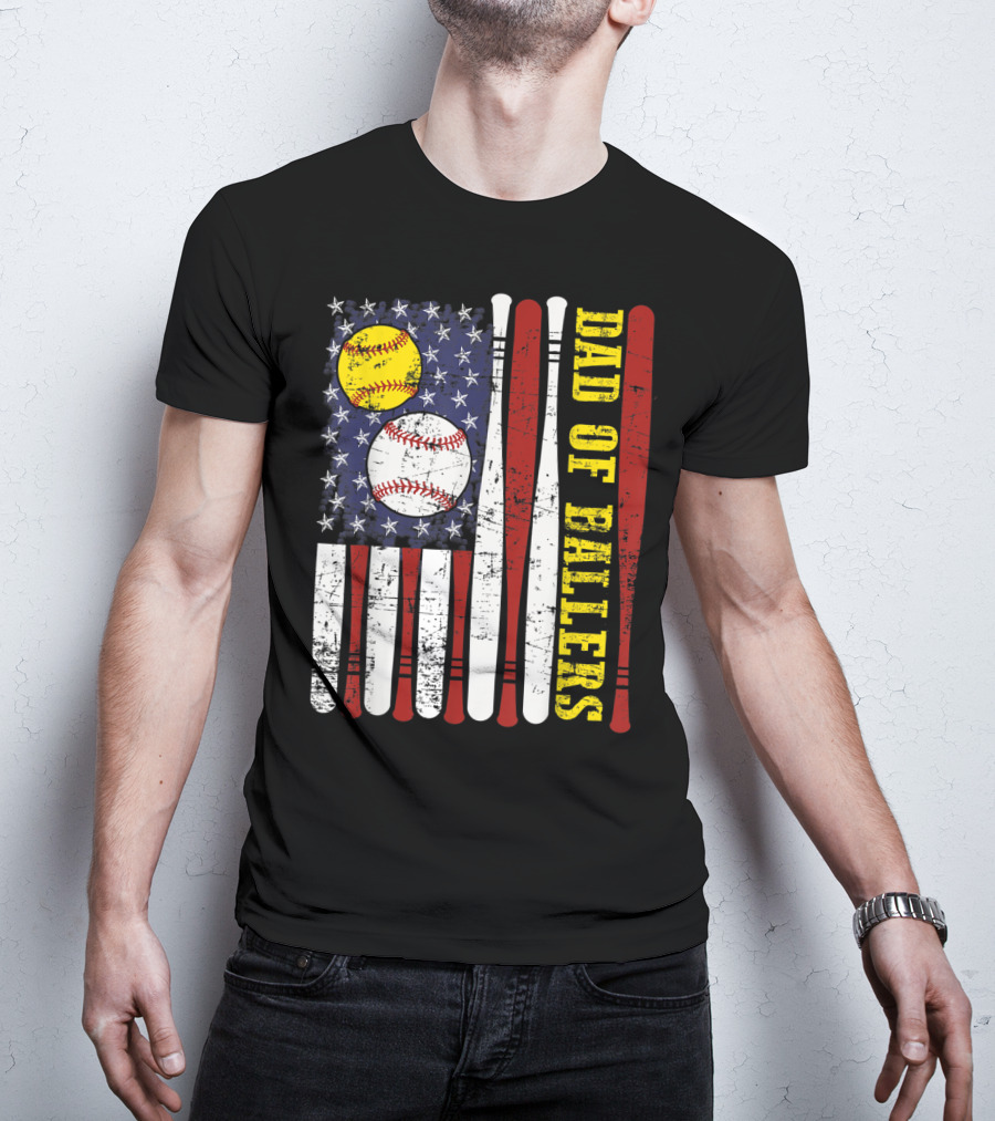 Dad Of Ballers American Flag Baseball Softball T-Shirt