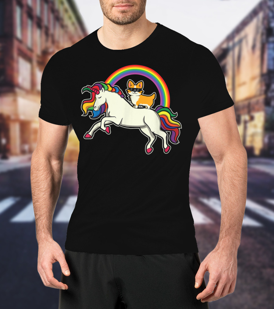 Funny Corgi Riding Rainbow Unicorn Puppy For Dog Lovers T-Shirt