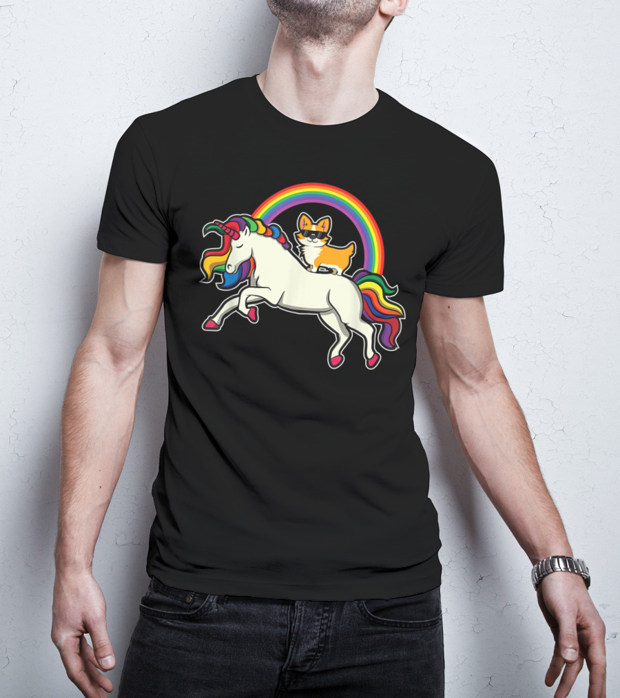 Funny Corgi Riding Rainbow Unicorn Puppy For Dog Lovers T-Shirt