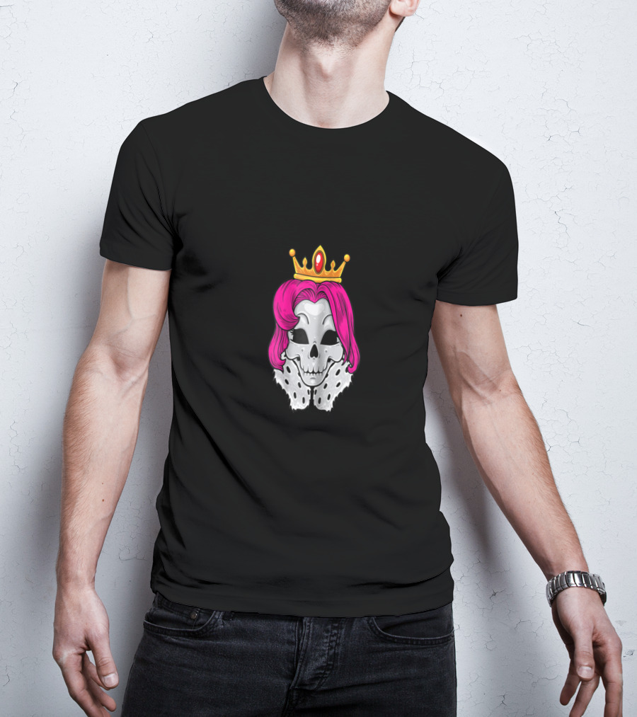 Bright Pink-Haired Skull Queen With Crown And Regal Cape T-Shirt