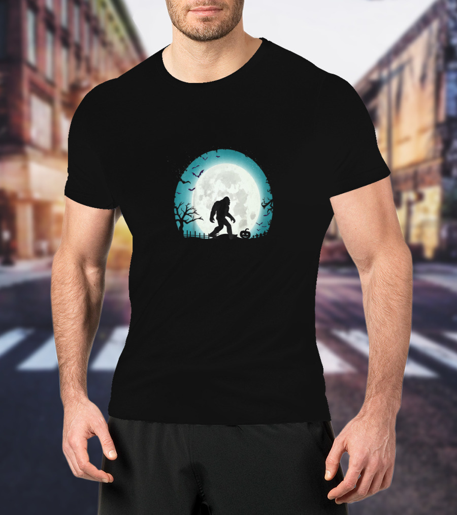 Halloween Bigfoot Silhouette With Full Moon And Bats Scene T-Shirt