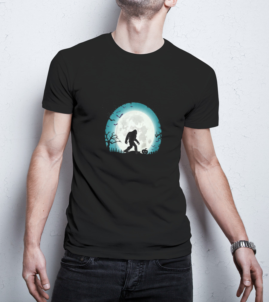 Halloween Bigfoot Silhouette With Full Moon And Bats Scene T-Shirt