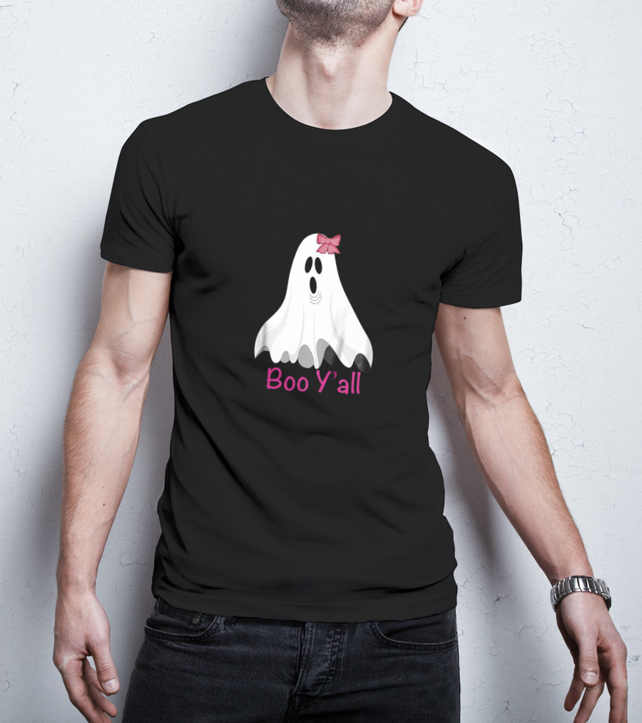 Boo Y'all Halloween Preppy Southern Ghost With Pink Bow T-Shirt