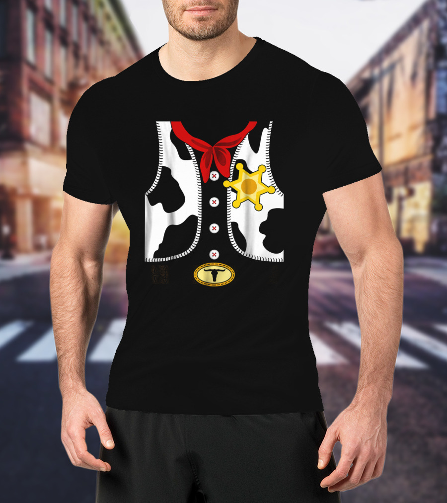 Sheriff Costume Cow Print Vest With Badge And Red Neck Scarf T-Shirt