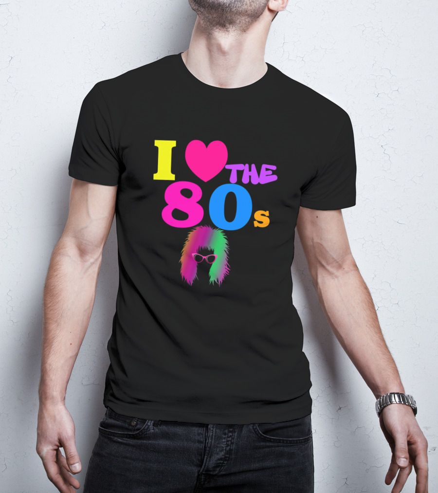 I Love The 80s Neon Heart With Punk Rocker Hair And Sunglasses T-Shirt