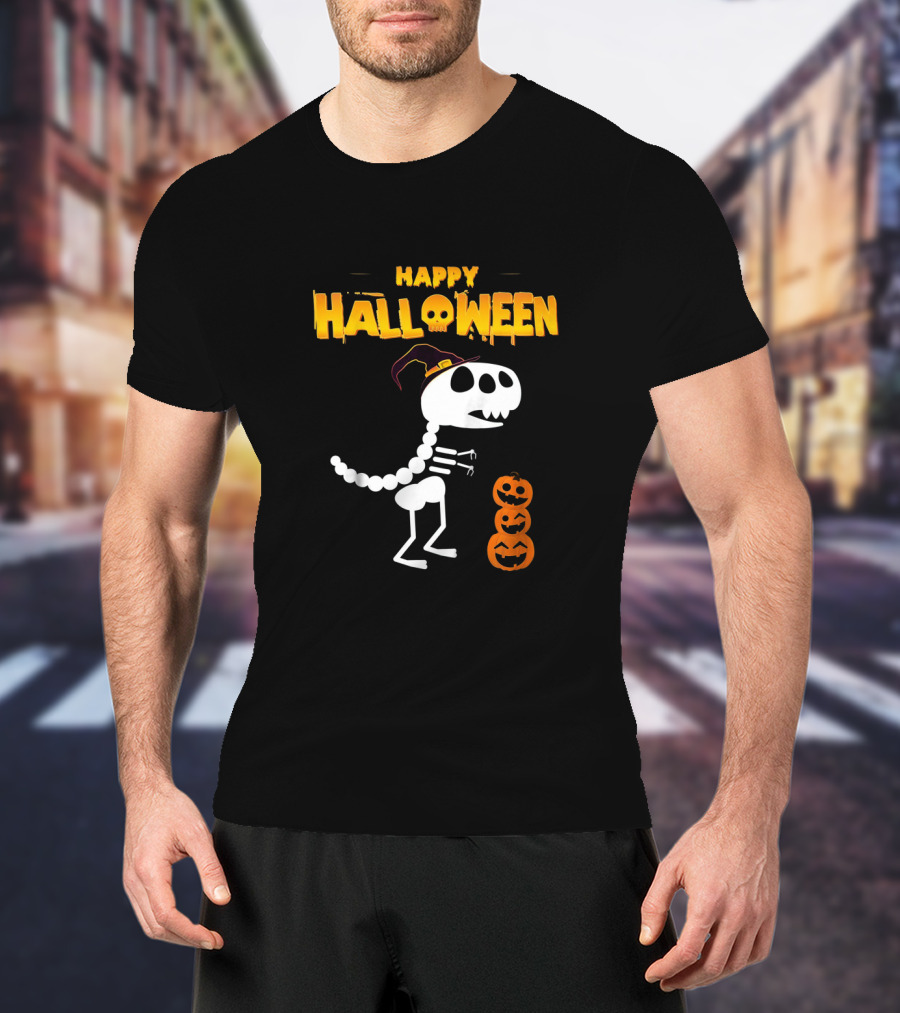 Happy Halloween Skeleton Dinosaur With Pumpkin Stack T-Shirt