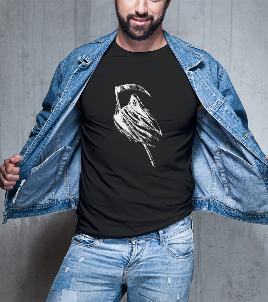 Grim Reaper Holding Scythe With Skull-Faced Cloak T-Shirt