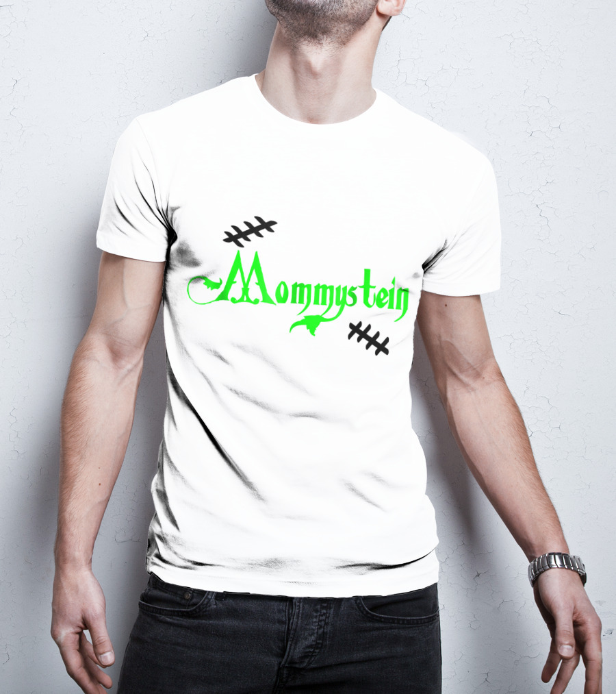 Mommystein Frankenstein Inspired Green And Black Stitched Text T-Shirt
