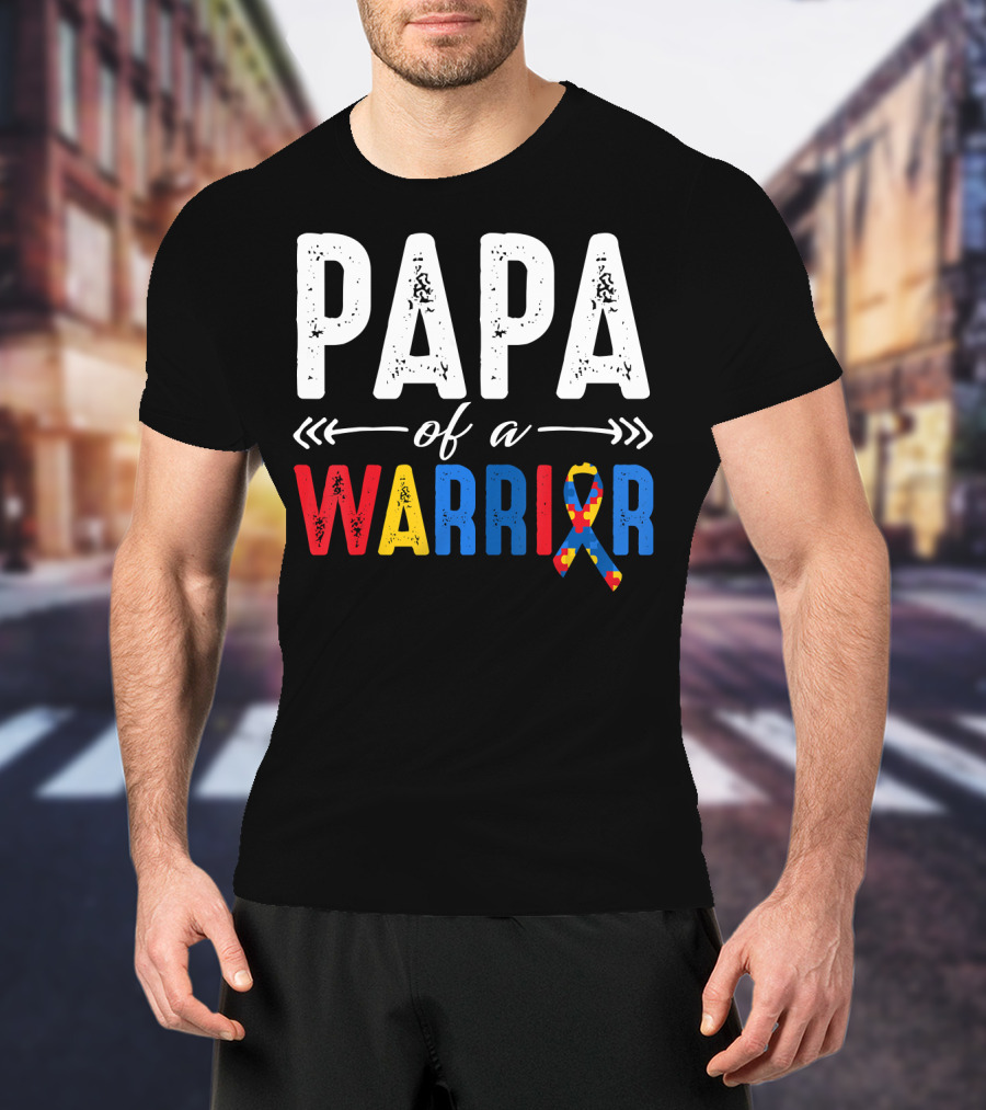 Papa Of A Warrior Autism Awareness Grandpa Colorful Puzzle T-Shirt