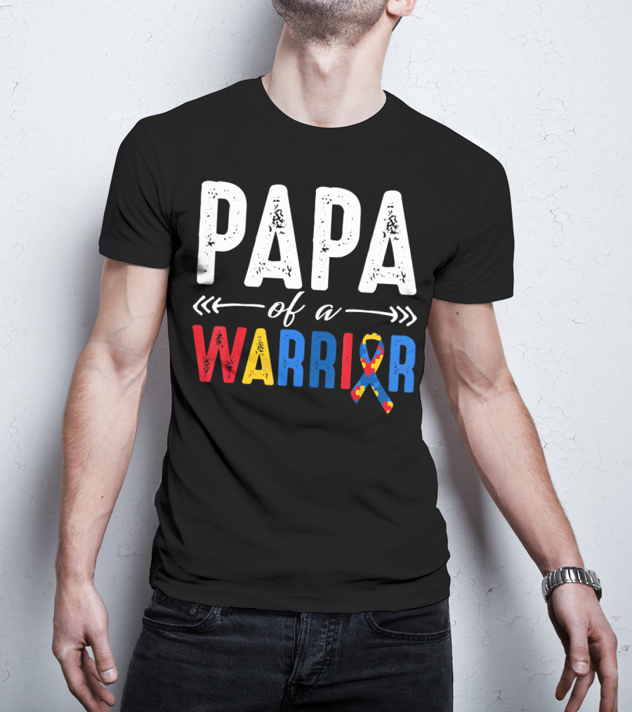 Papa Of A Warrior Autism Awareness Grandpa Colorful Puzzle T-Shirt