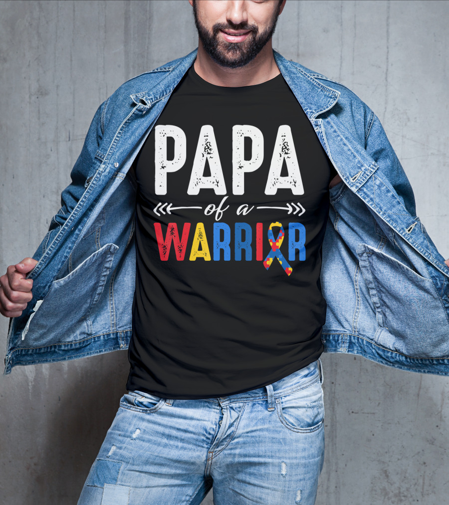 Papa Of A Warrior Autism Awareness Grandpa Colorful Puzzle T-Shirt