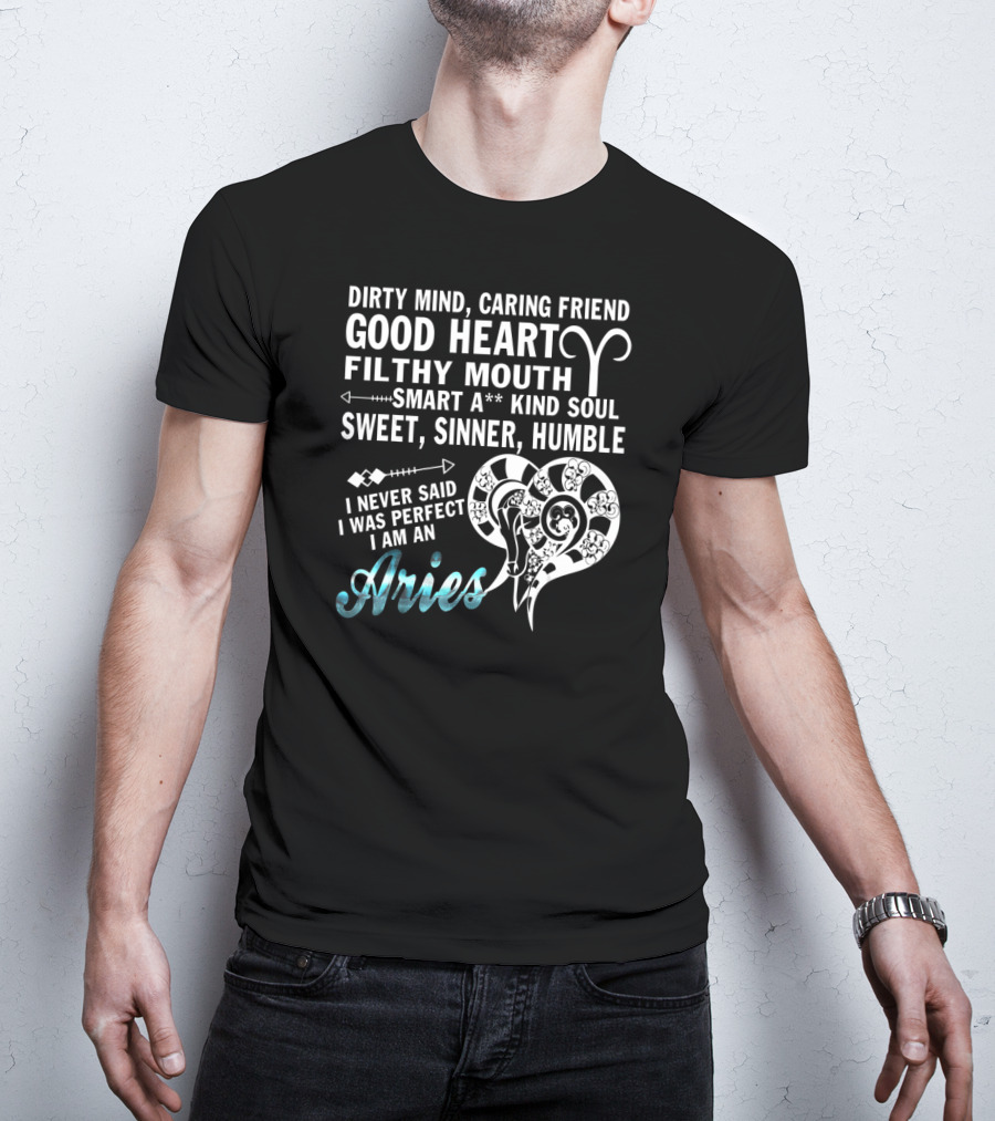Dirty Mind Caring Friend Good Heart Filthy Mouth Smart Kind Soul Sweet Sinner Humble I Never Said I Was Perfect I Am An Aries T-Shirt