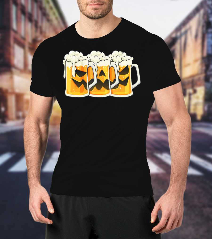 Halloween Jack O Lantern Beer Mug Faces T-Shirt