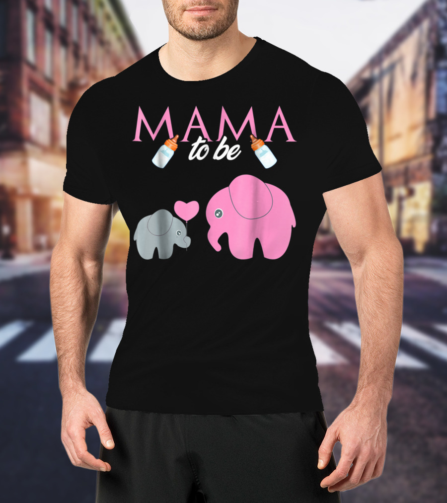 Mama To Be Pink Elephant Baby Shower With Milk Bottles And Heart Balloon T-Shirt