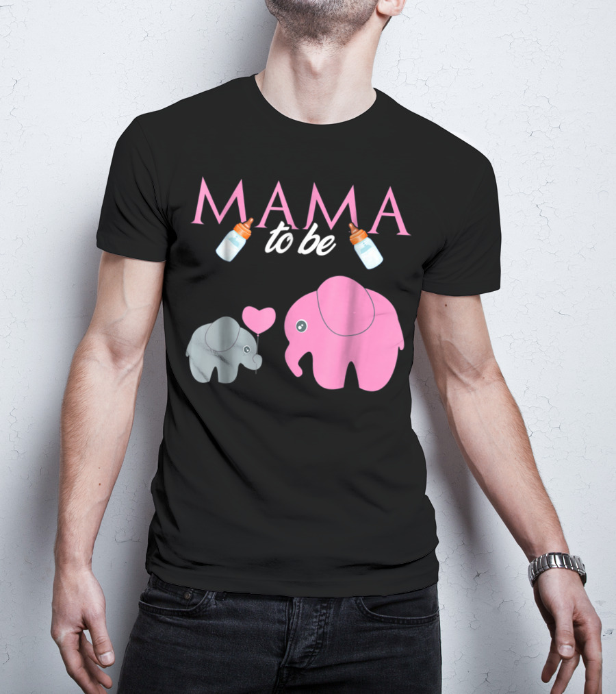 Mama To Be Pink Elephant Baby Shower With Milk Bottles And Heart Balloon T-Shirt