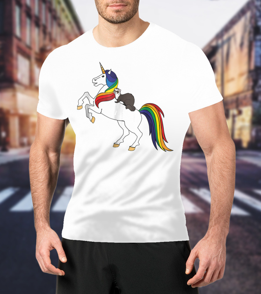 Ferret Riding Rainbow Unicorn T-Shirt