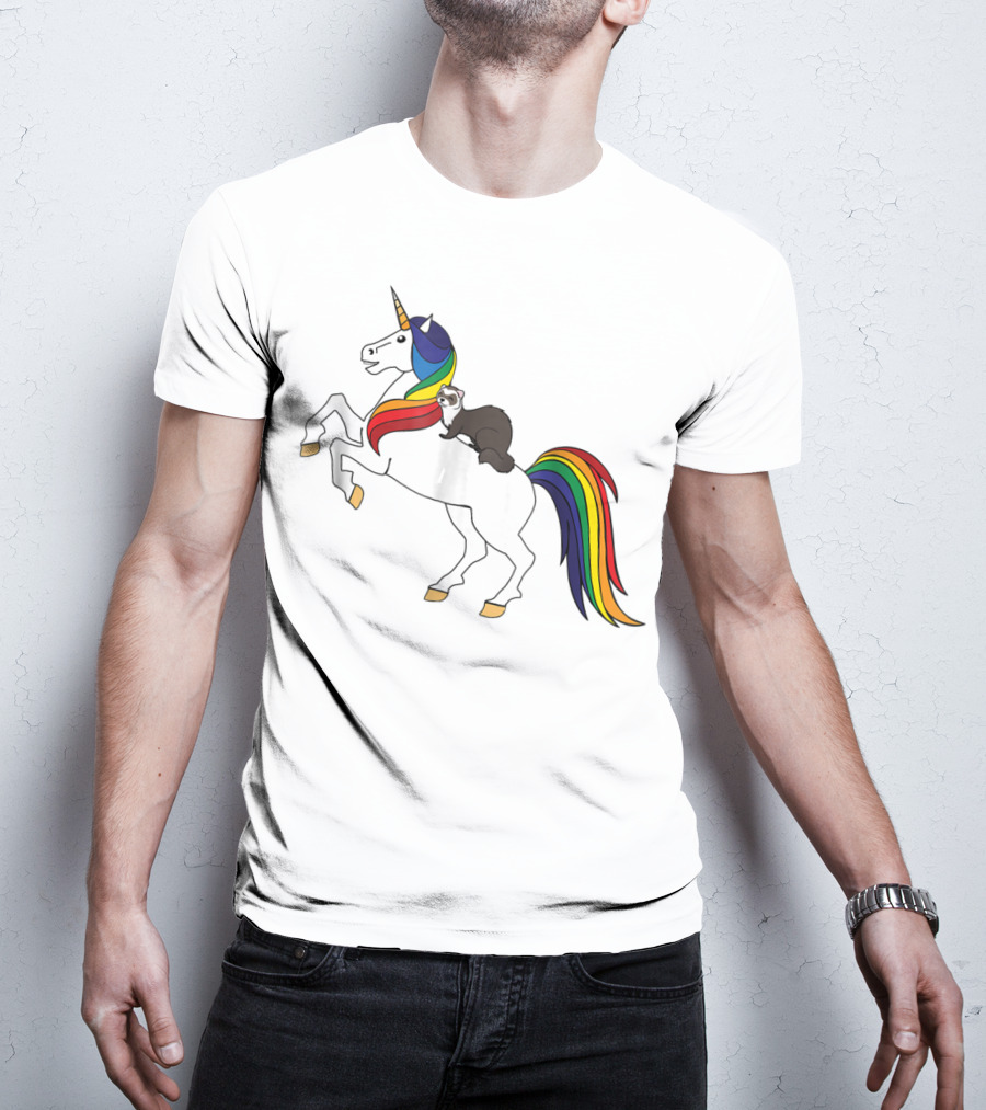 Ferret Riding Rainbow Unicorn T-Shirt