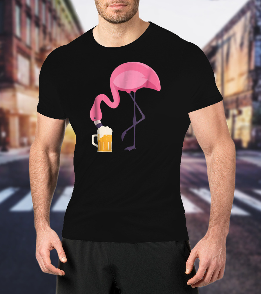 Flamingo Drinking Beer Concept With Pink Bird And Pint Glass T-Shirt