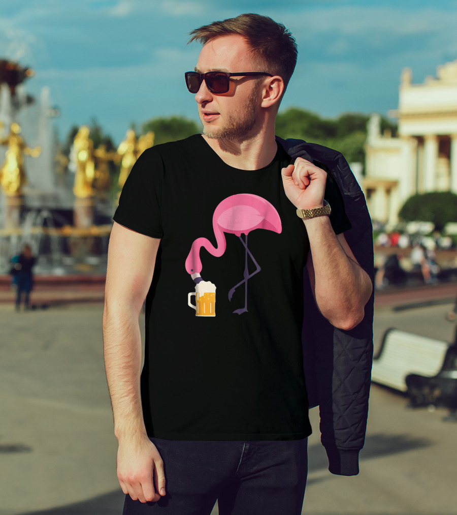 Flamingo Drinking Beer Concept With Pink Bird And Pint Glass T-Shirt