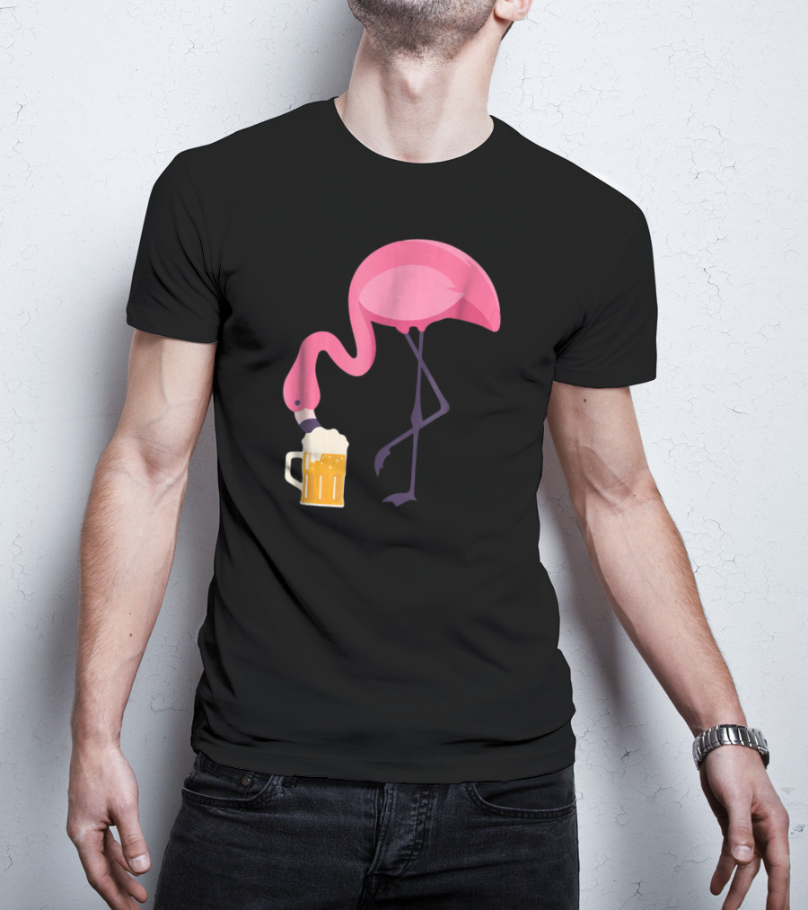 Flamingo Drinking Beer Concept With Pink Bird And Pint Glass T-Shirt