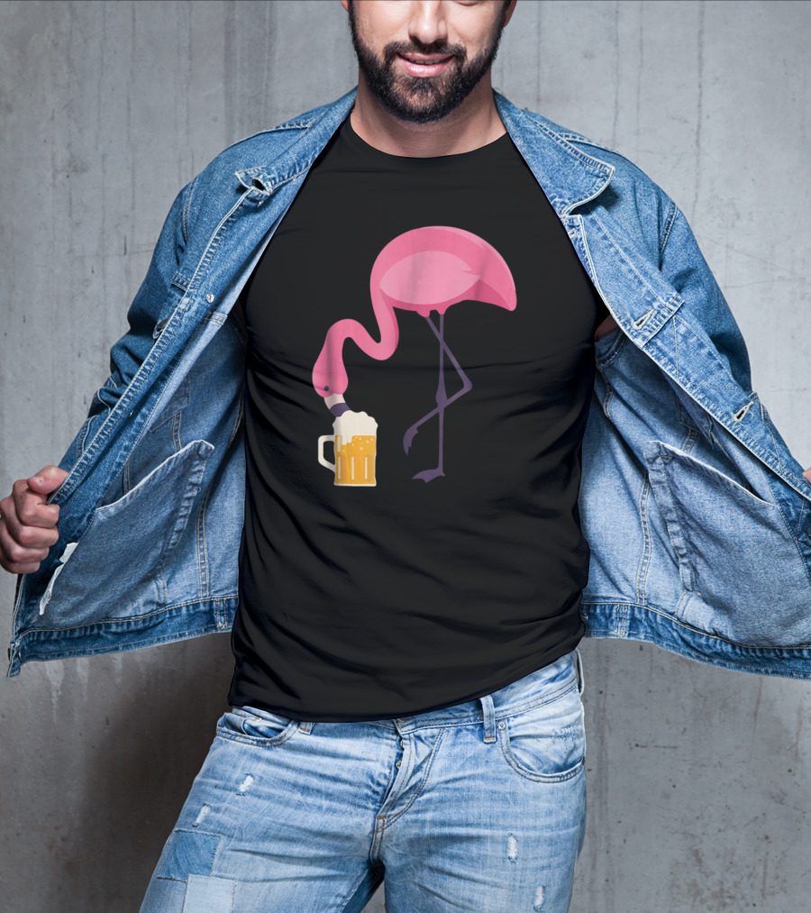 Flamingo Drinking Beer Concept With Pink Bird And Pint Glass T-Shirt