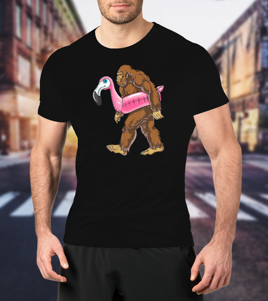Pool Party Bigfoot Pink Flamingo Sasquatch Float T-Shirt