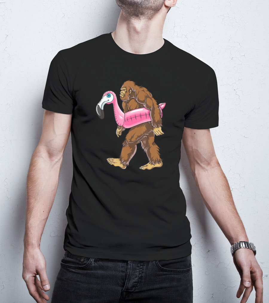 Pool Party Bigfoot Pink Flamingo Sasquatch Float T-Shirt