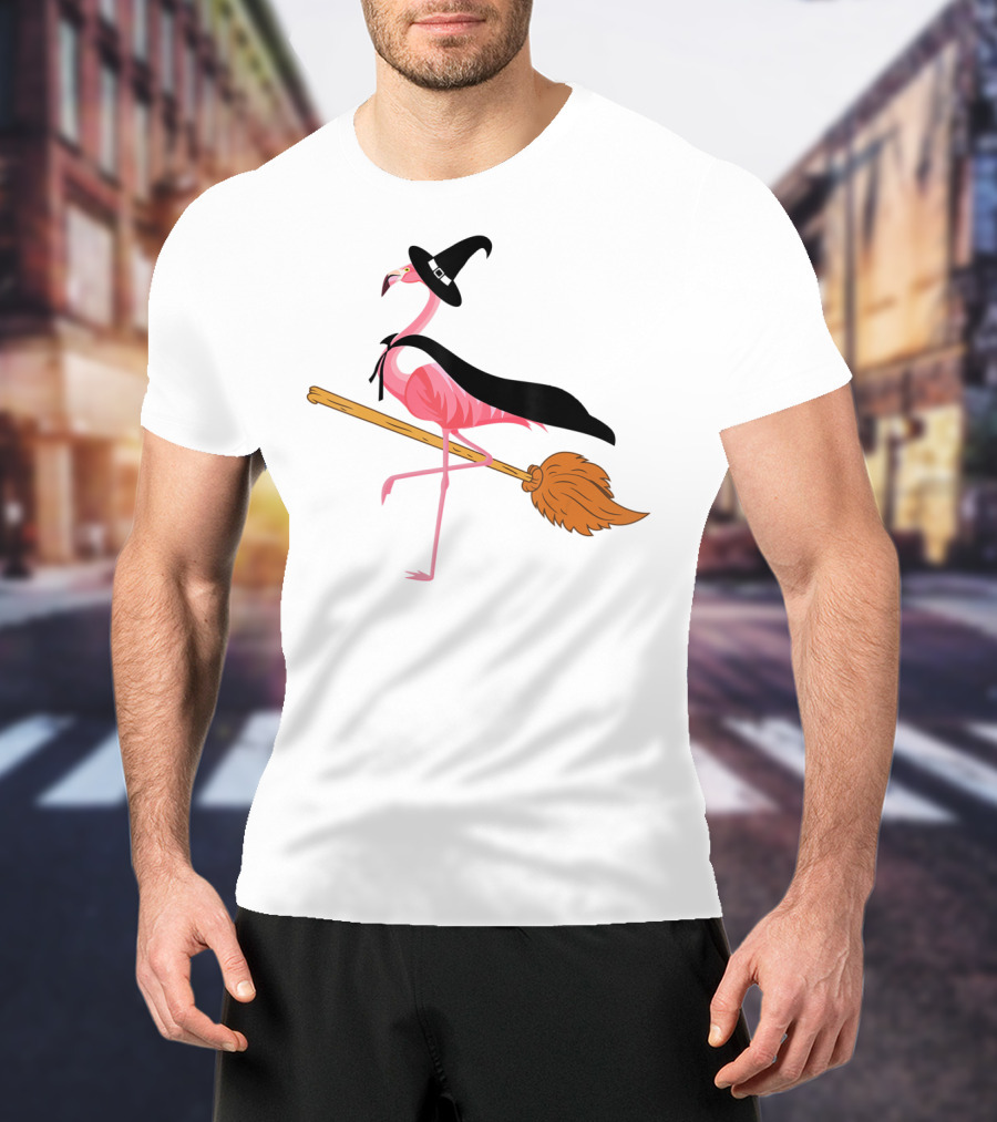 Funny Flamingo Witch Riding Broomstick T-Shirt