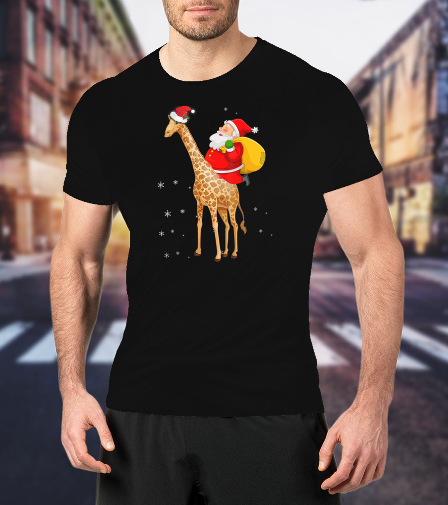 Santa Claus Riding A Giraffe With Snowflakes T-Shirt