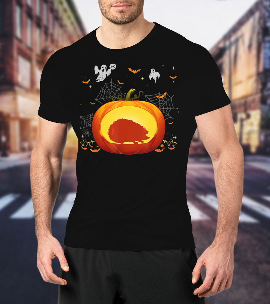 Hedgehog Silhouette In Halloween Pumpkin With Ghosts And Spiderwebs T-Shirt