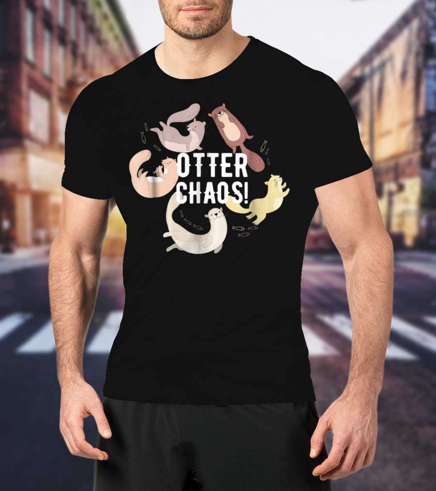 Otter Chaos Playful Otters Tumbling With Fish T-Shirt