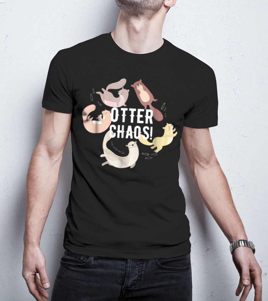 Otter Chaos Playful Otters Tumbling With Fish T-Shirt