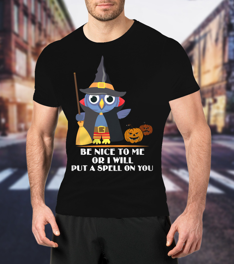 Be Nice To Me Or I Will Put A Spell On You Halloween Owl Witch Broom Pumpkins T-Shirt