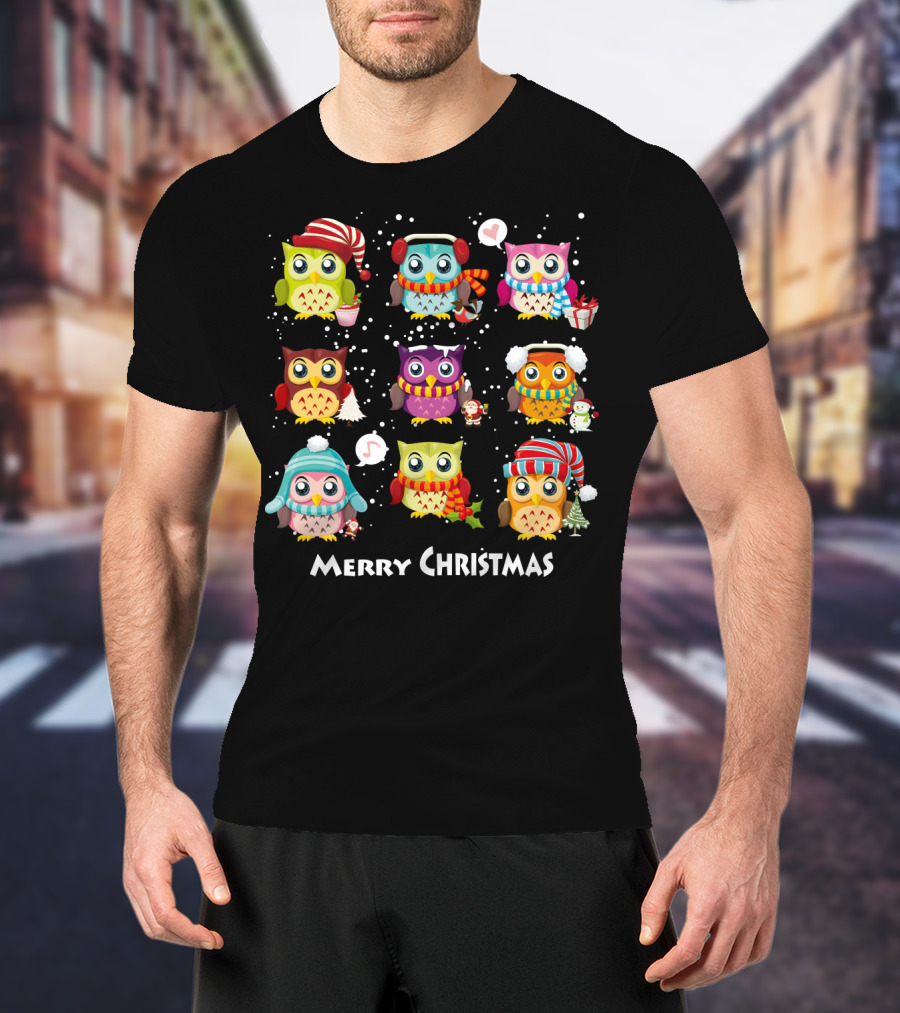 Merry Christmas Cute Owl Festive Holiday Scene T-Shirt