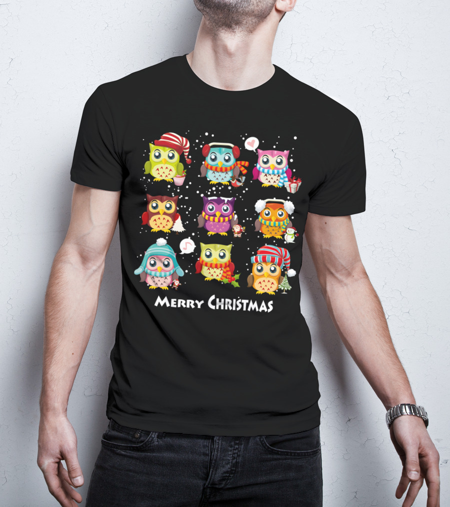 Merry Christmas Cute Owl Festive Holiday Scene T-Shirt