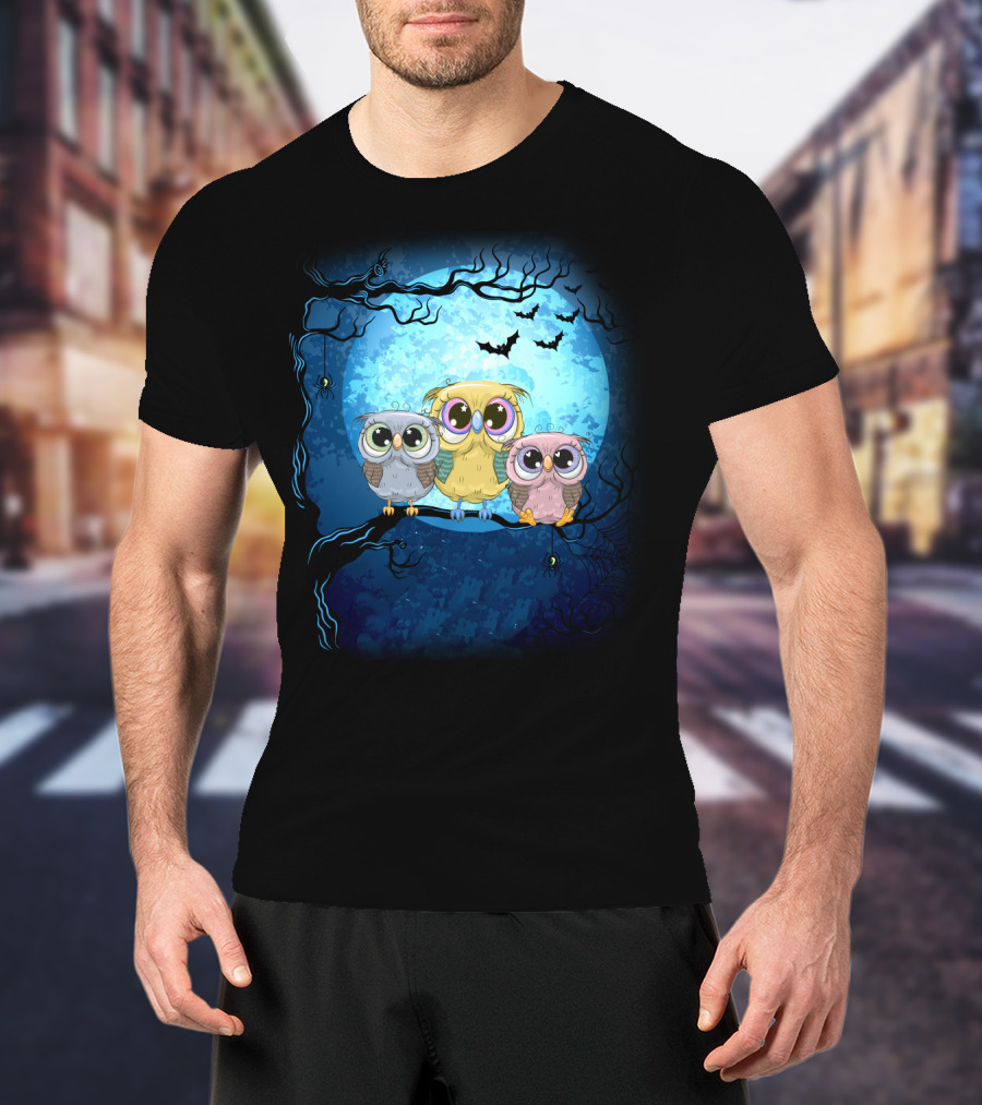 Night Family Owls Under Full Moon With Bats And Spiders T-Shirt
