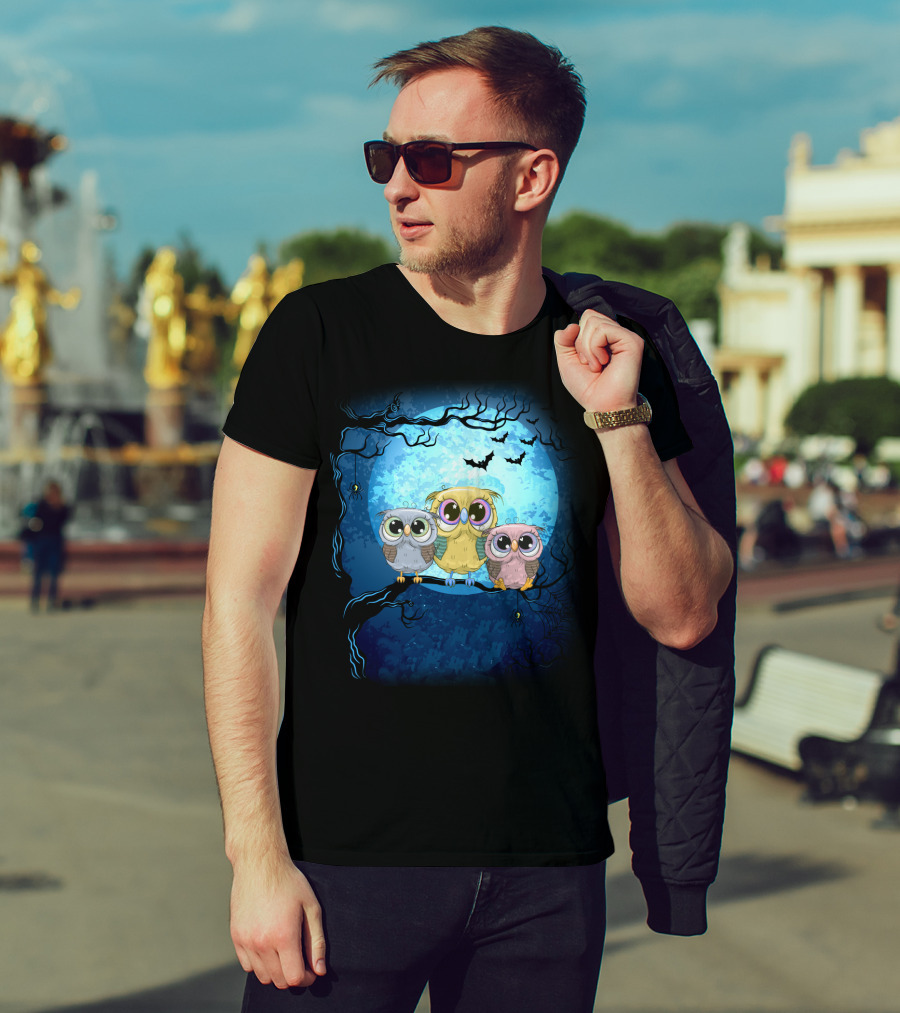 Night Family Owls Under Full Moon With Bats And Spiders T-Shirt