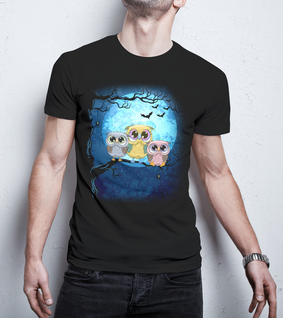 Night Family Owls Under Full Moon With Bats And Spiders T-Shirt