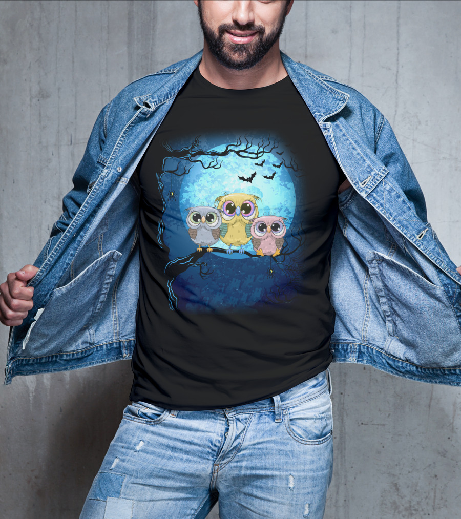 Night Family Owls Under Full Moon With Bats And Spiders T-Shirt
