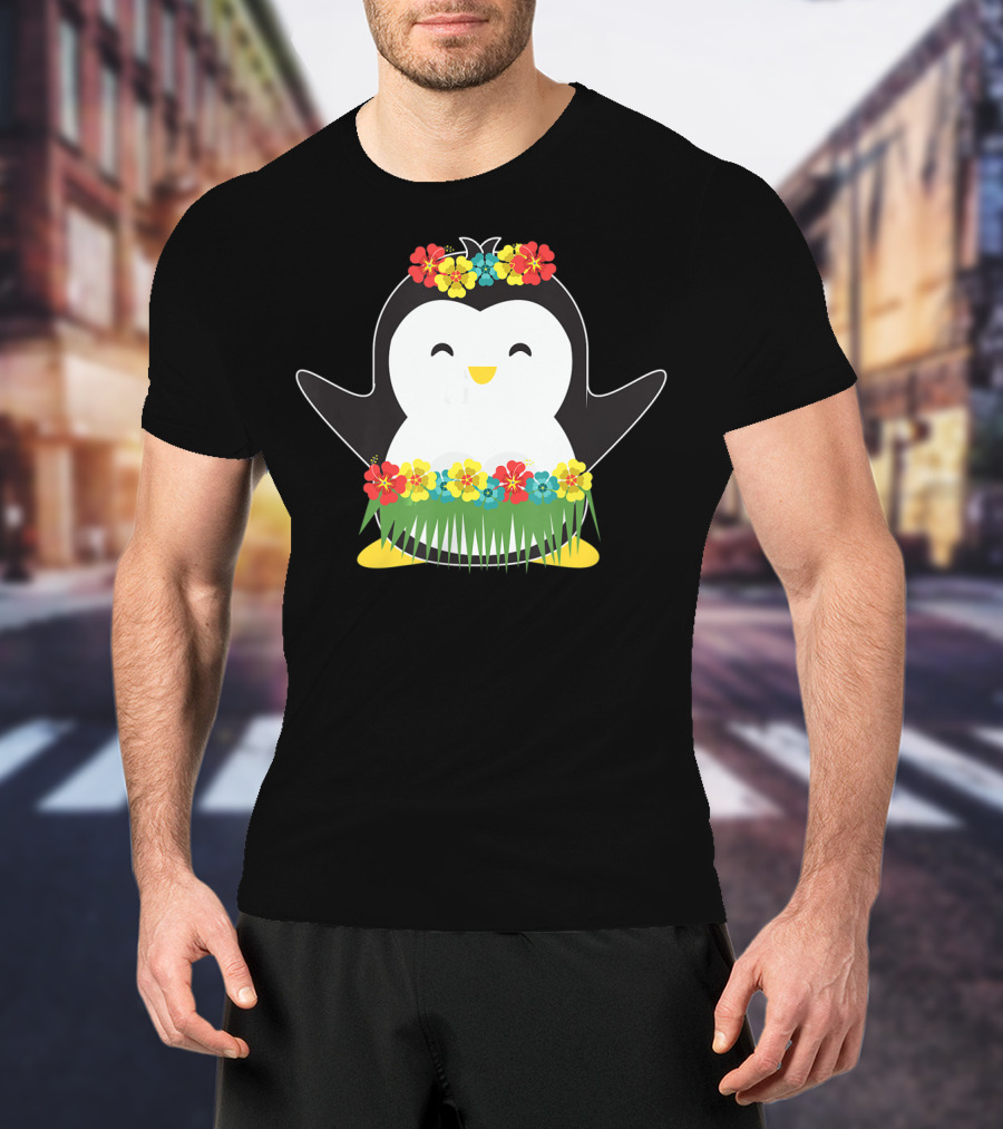 Penguin With Hula Skirt And Hawaiian Flowers Luau Party T-Shirt