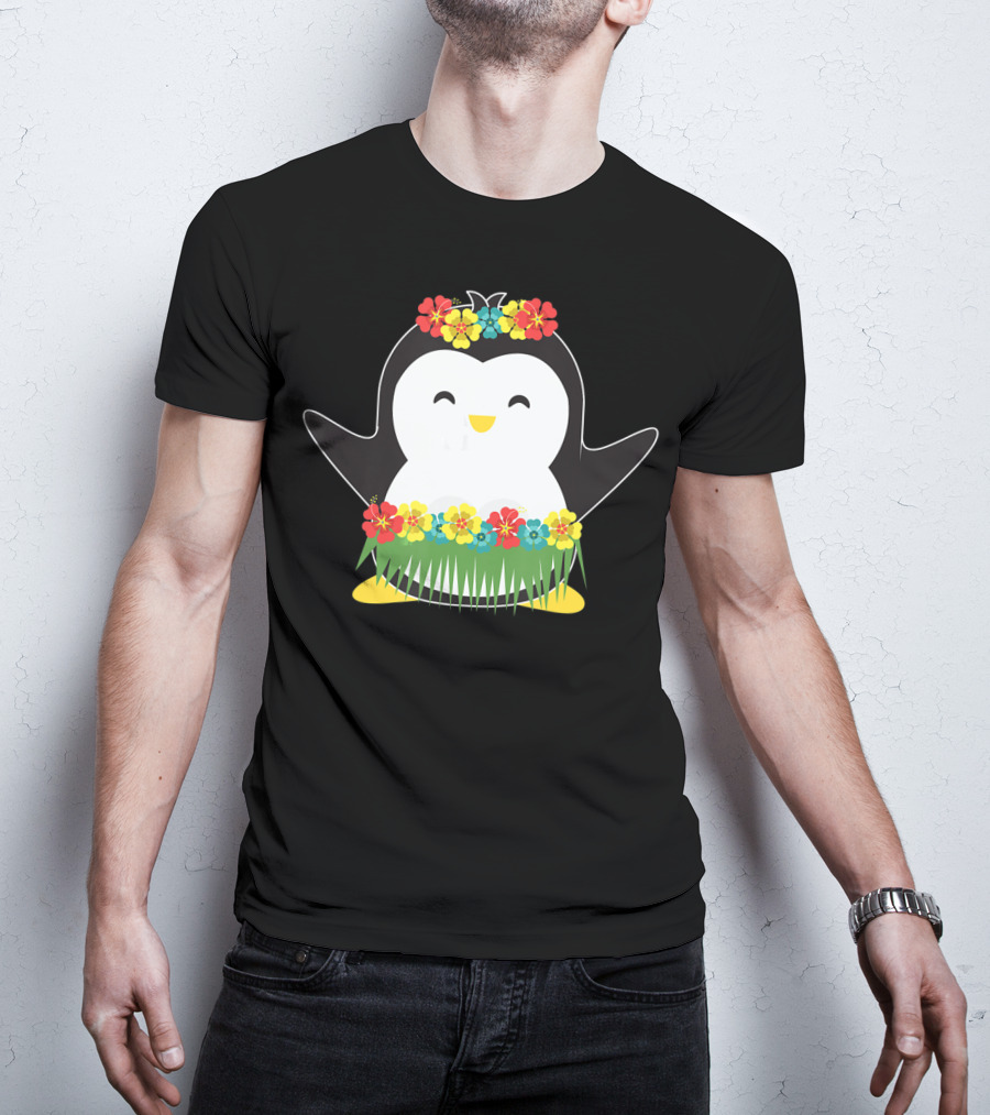 Penguin With Hula Skirt And Hawaiian Flowers Luau Party T-Shirt