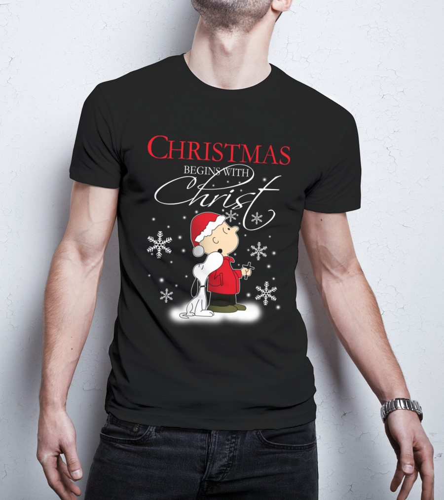 Christmas Begins With Christ Snoopy The Peanuts Movie Charlie Brown Snowflakes T-Shirt