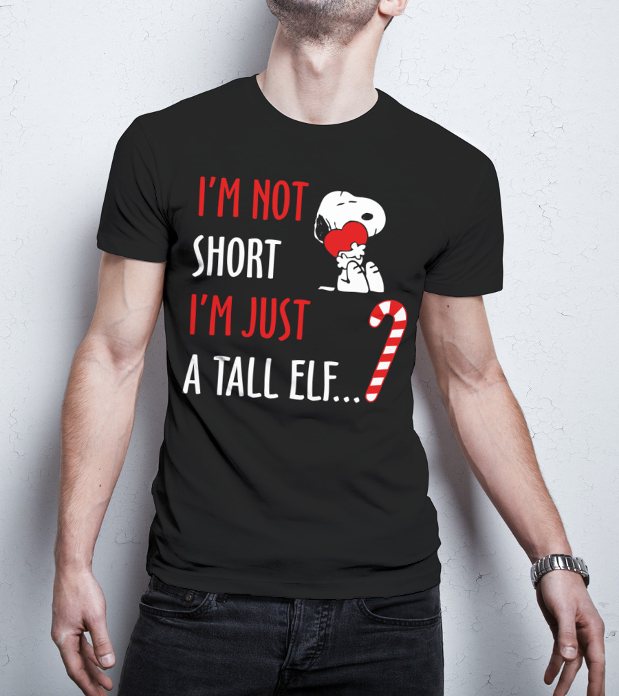 I'm Not Short I'm Just A Tall Elf Snoopy Candy Cane Hugging Heart T-Shirt