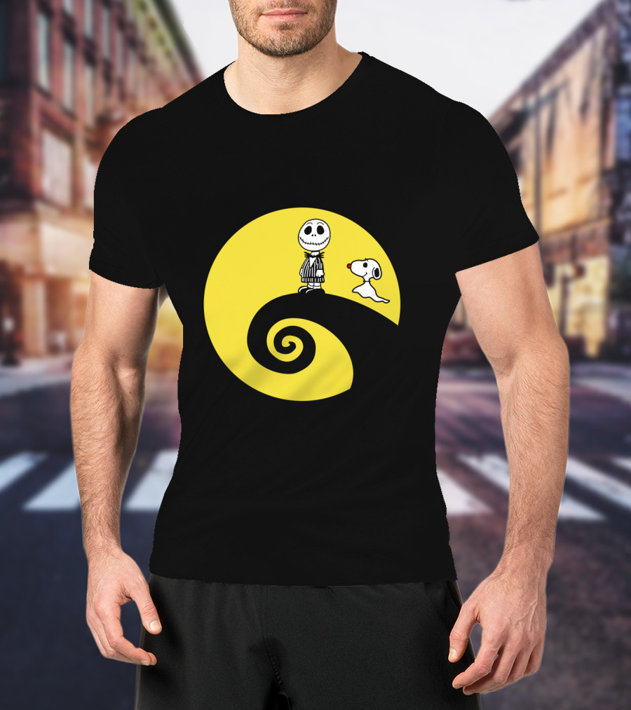 Jack Skellington And Snoopy Crossover In The Peanuts Movie Halloween Scene T-Shirt